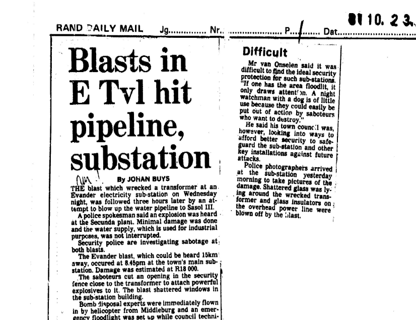Blasts in E Tvl hit pipeline, substation, by Johan Buys, Rand Daily Mail, 23 October 1981